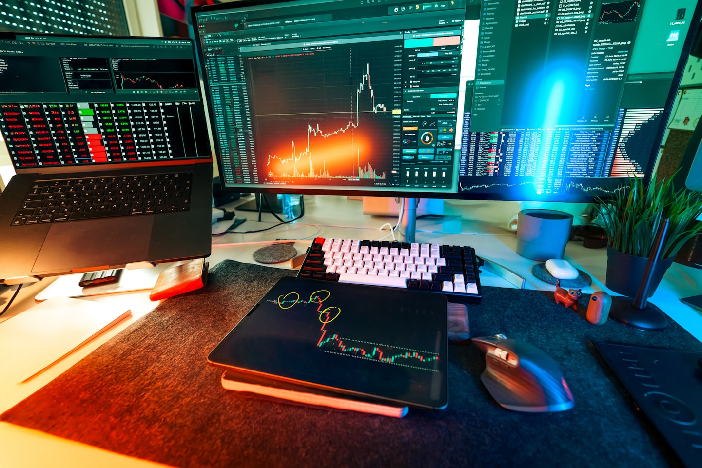 Multiple computer screens display financial charts on a desk.