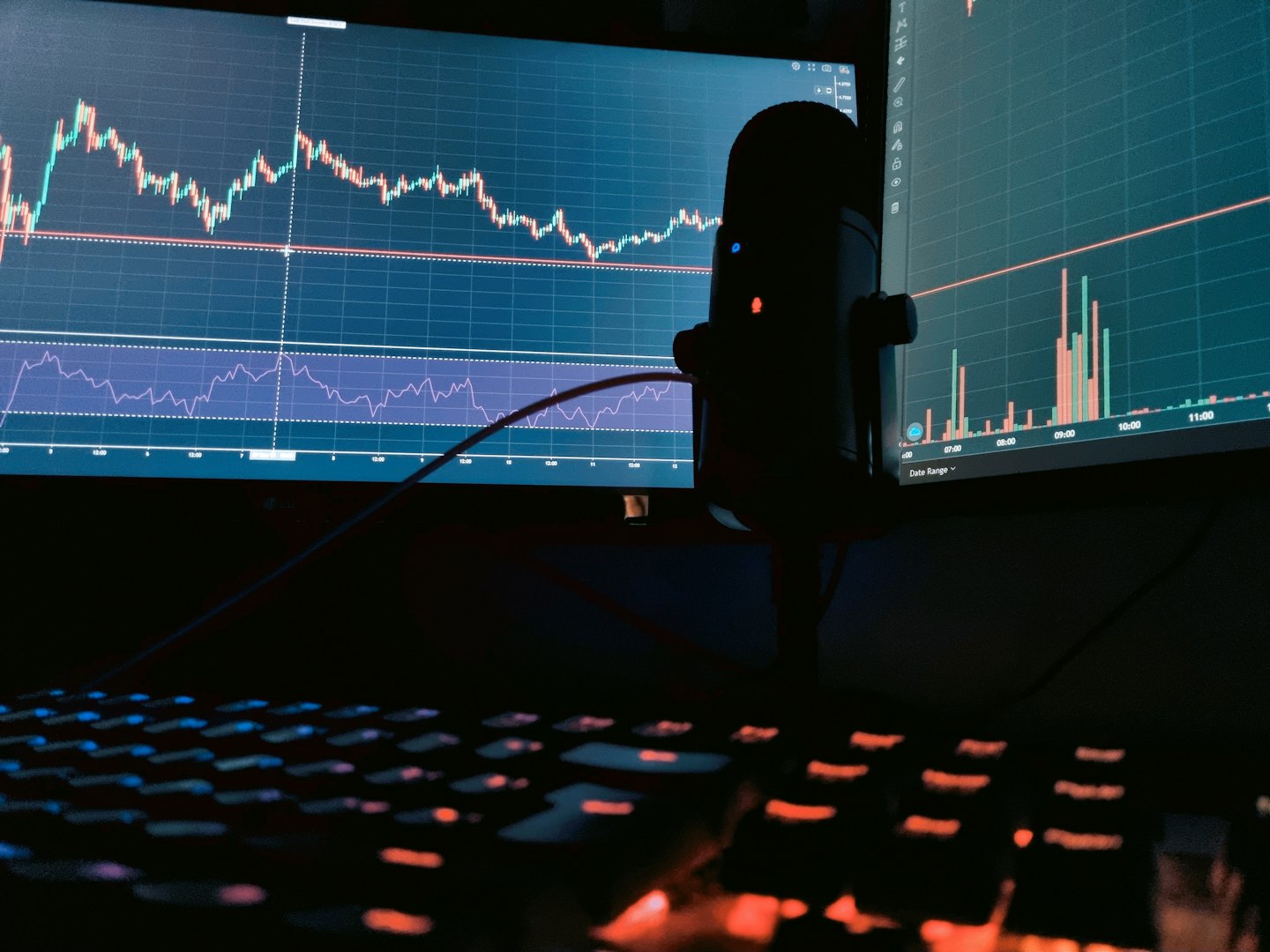 Computer monitors display financial charts with a glowing keyboard and microphone.